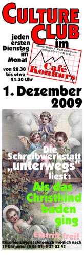 Plakat Culture Club Lesung im Café Konkurs Schreibwerkstatt "unterwegs"